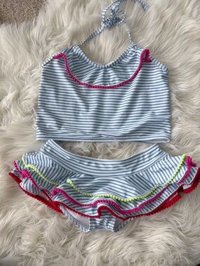 Striped Two-Piece Ruffle Swim Set in Light Blue & White with Neon Accents